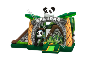 Indah combo bertema tiup panda dengan slide ganda di samping bouncer inflatable pande cartoon in combo