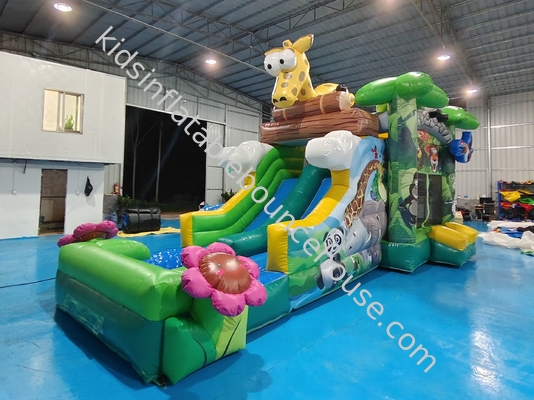 Rumah Bouncing Outdoor dengan Slide Jungle Hewan Inflatable Bouncy Castle dengan Slide Combo Double Slides Untuk Sewa