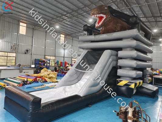 Desain Baru Kastil Bounce Inflatable Dengan Slide Tema Dinosaurus Komersial