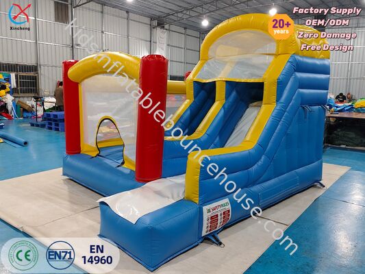 Produsen Rumah Bounce Inflatable Biru & Kuning dengan Slide Ganda untuk Pesta Anak