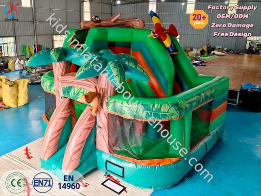 Rumah Bouncing Tiup Petualangan Hutan PVC dengan Pesta Anak-anak Desain Pohon Palem Monyet Hutan Hujan Geser